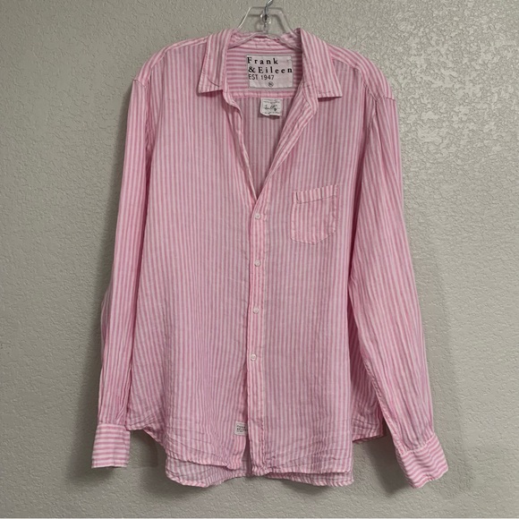 Frank Eileen Top Women XL Eileen Shirt Linen Striped Button Up Preppy Pink White - Picture 1 of 16